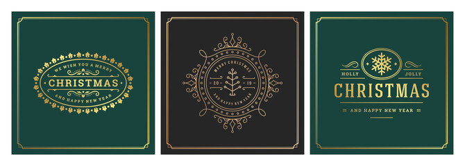 Christmas square banners vintage typographic design, ornate decorations symbols vector illustration