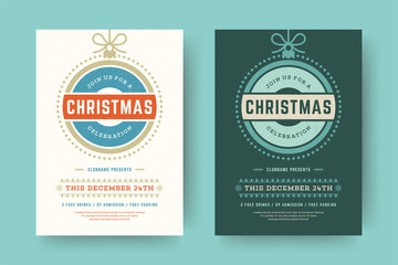 Christmas party flyer event vintage typography and decoration elements vector illustration