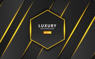 luxury dark background with gold line. Technology Concept, Digital Template, overlap layers with paper effect. Realistic light effect on black textured particle background, vector illustration.