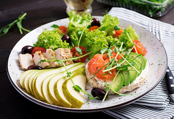 Healthy breakfast. Sandwiches with cream cheese,  salmon, avocado and slice pear on plate.