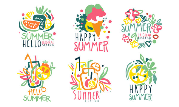 Set of summer logos with lettering. Vector illustration.
