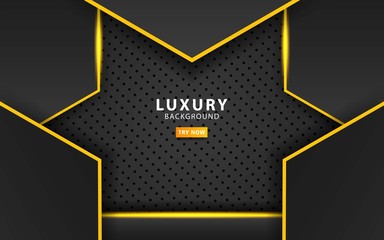 luxury dark background with gold line. Technology Concept, Digital Template, overlap layers with paper effect. Realistic light effect on black textured particle background, vector illustration.