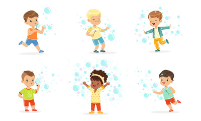 Children play with soap bubbles. Vector illustration.
