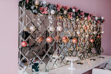 Decor. Decorated Christmas interior. Happy New Year and Merry Christmas. The concept of winter holiday.