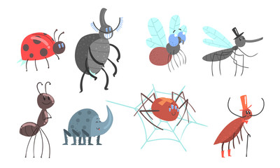 Set of different beetles and insects. Vector illustration.