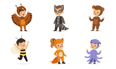 Cute children in carnival costumes of animals. Vector illustration.