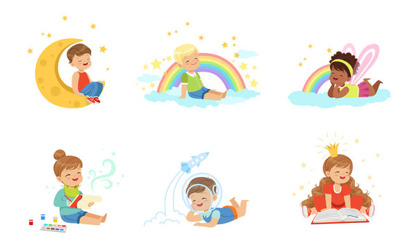 Toddlers and magical dreams. Vector illustration on White Background.