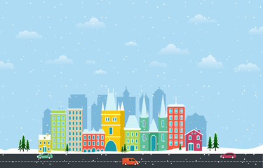 Winter Snow in Prague City Cityscape Skyline Landmark Building Illustration