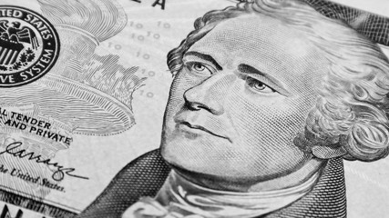 Alexander Hamilton on the ten dollar banknote. United States of America currency detail.