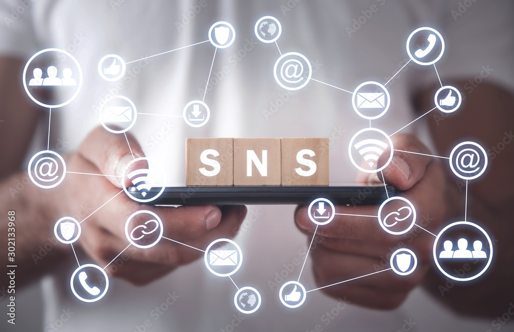 Poster man holding smartphone. sns. social networking service