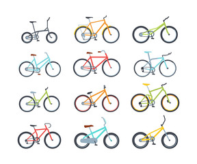 Modern colorful bicycles flat vector illustrations set