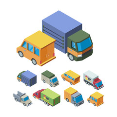 Delivery transport isometric 3D vector illustrations set