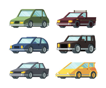 Different types of modern cars flat vector illustrations set