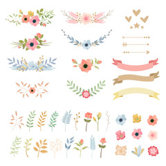 Wedding flowers decoration colorful vector illustrations set
