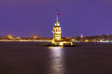 Maiden's Tower of Istanbul in evening lights, Tirkey