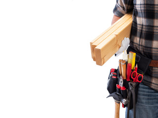 Carpenter isolated on a white background; he wears leather work gloves, he is holding wooden...