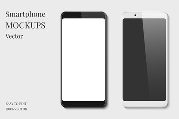 Set of smartphone display mockup. Black and white mobile phone with blank screen isolated on grey background.