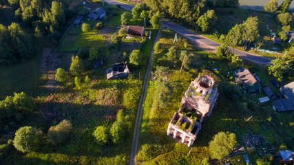 Top view of the destroyed Church of the Blessed Virgin Mary (1825-1836) in the village of Korotsko. Russia, Novgorod region