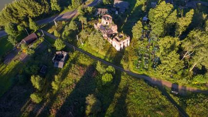 Top view of the destroyed Church of the Blessed Virgin Mary (1825-1836) in the village of Korotsko. Russia, Novgorod region