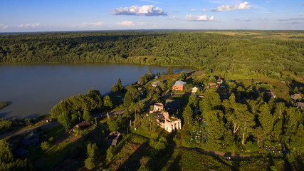 Top view of the destroyed Church of the Blessed Virgin Mary (1825-1836) in the village of Korotsko. Russia, Novgorod region