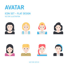 Set of Avatar Characters Flat Icons. Beautiful Woman Flat Design icon set. Vector icon.