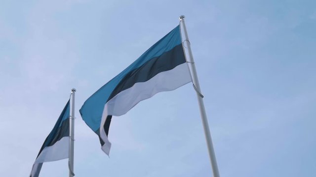 Two flags of Estonia waving at wind in slow motion blue sky backround