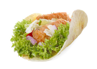 Delicious fish taco with lettuce isolated on white