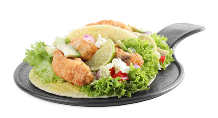 Delicious fish tacos with lime isolated on white