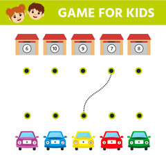 Naklejka premium Game for kids. Match the pictures. Cartoon cars. Help the car find your a garage. Education developing worksheet. Vector illustration