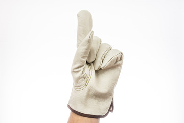 One finger up, white leather work glove, hand signal
