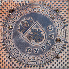 Burgas / Bulgaria – 08/31/2019: Sewer hatch with Burgas coat of arms and city name