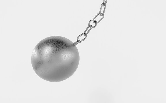 Metal Chain With A Wrecking Ball Swinging On It. Demolishing Works. 3d Render Illustration