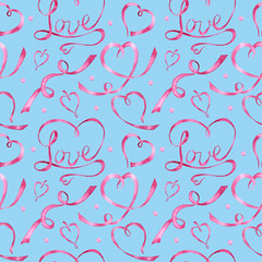 Seamless pattern Watercolor ribbon heart, love letter Greeting card concept. Wedding or Valentine's Day banner, poster design. Hand drawn red pink hearts on blue background. texture for scrapbooking