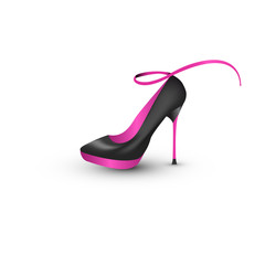 Vector female high heel shoe. Black shoe with purple ribbon. Vector logo design template