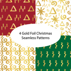 Christmas gold foil seamless vector background set. Winter holiday patterns green white and red with hand drawn gold foil doodles. Xmas, New year abstract geometric background. For cards, gift wrap