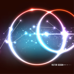 Vector abstract background with overlapping circles and dots. Chaotic motion. Round banner with empty space for text. Node molecule structure. Science and connection concept.