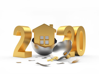 Golden 2020 New Year and silver broken Christmas ball with house icon isolated on a white background. 3D illustration.