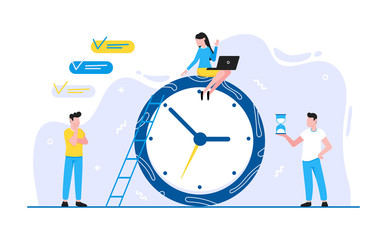 Tiny people characters working together teamwork and time management concept flat style design vector illustration isolated white background.