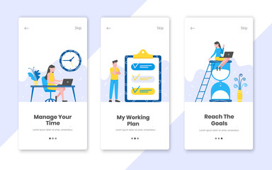 Obraz na płótnie Canvas 3 vertical time management banners set with work time planning flat style design vector illustration. Tiny people working at the workplace with hourglass, clipboard and notebook.