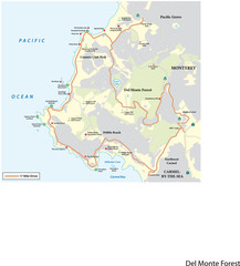 Map of Seventeen Mile Drive a scenic road through Pebble Beach and Pacific Grove on the Monterey Peninsula in California - obrazy, fototapety, plakaty