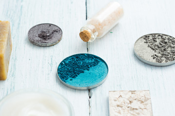 hygiene and beauty product samples, powder compact, spray, soap, moisturizer