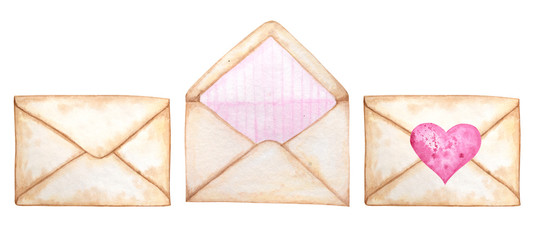 Watercolor postal envelope set for Valentine, Christmas, greeting card. Pink stripe inside decor, beautiful romantic retro style. Hand drawn watercolour isolated illustration on white background