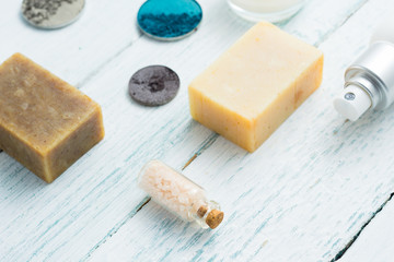 hygiene and beauty product samples, powder compact, spray, soap, moisturizer