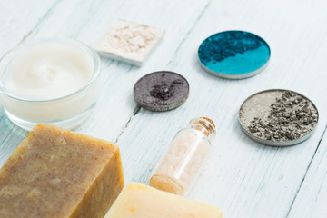 hygiene and beauty product samples, powder compact, spray, soap, moisturizer