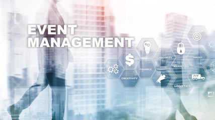 Event management Concept. Event management flowchart. Event management related items. Mixed media...