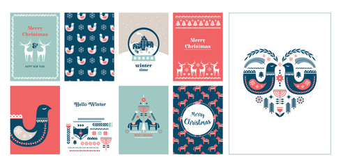 Winter folk art greeting card set in Scandinavian, Nordic style.