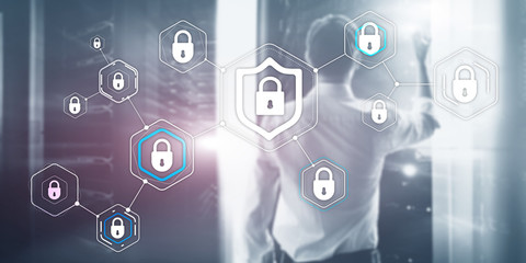 Cyber security data protection information privacy concept of blurred server room background