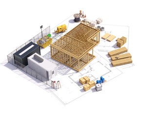3d render of a frame building concept. Detailed concept of construction with house project. 3D illustration of modern frame house concept.