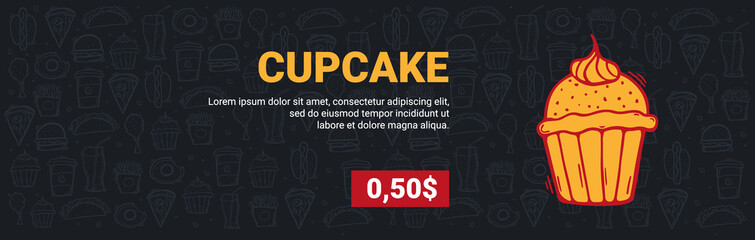 FastFood Menu with Cupcake. Hand draw doodle background.