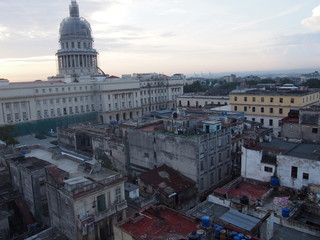 City view of historic buildings and streetscapes in the early morning, Havana, Cuba